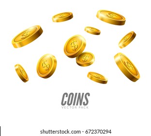 Las monedas de oro caen. Moneda vectorial 3d realista aislada en blanco. Fondos monetarios en efectivo.