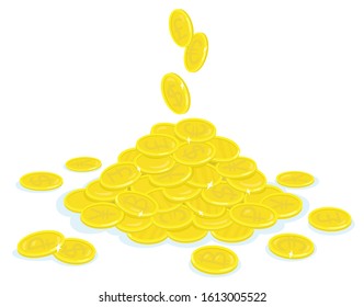 Gold coins are falling in a big mountain of cash. In cartoon style. Isolated on white background. Vector illustration.