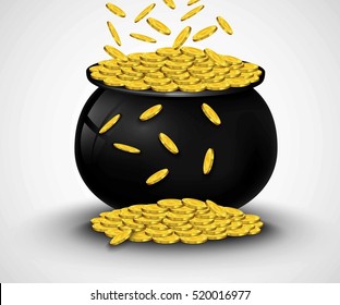 Gold coins falling in black pot.Vector illustration 