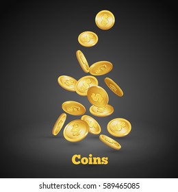 Gold coins falling down. Coin icon with shadows. Isolated on black. 3d realistic vector, eps 10