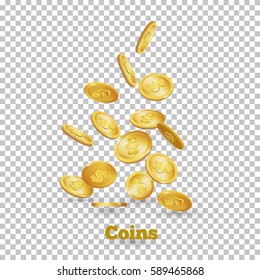 Gold Coins Falling Down. Coin Icon With Shadows. Isolated On White. 3d Realistic Vector, Eps 10