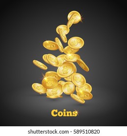 Gold coins falling down. Coin icon with shadows. Isolated on black. 3d realistic vector, eps 10