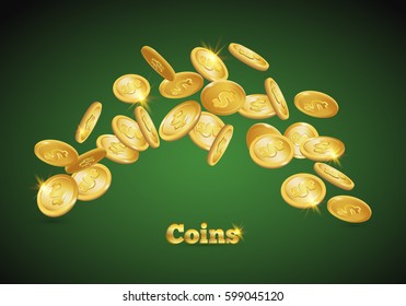 Gold coins falling down. Coin icon with shadows. Isolated on green. 3d realistic vector, eps 10.