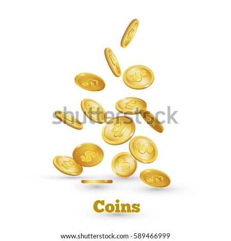 Gold coins falling down. Coin icon with shadows. Isolated on white. 3d realistic vector, eps 10