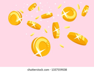 Gold coins falling down concept illustration in flat style, treasure of gold wealth with bright sparkles, coins scatter in different directions