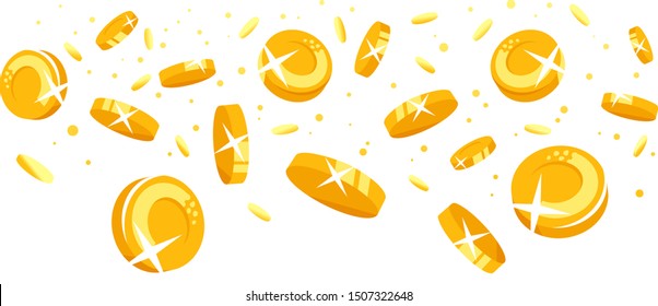 Gold coins falling down concept illustration in flat style isolated, treasure of gold wealth with bright sparkles, coins scatter in different directions