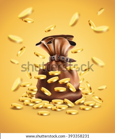 Gold coins falling down and full sack vector illustration. Gradient mesh used. Transparent objects used for lights shadows drawing
