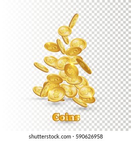 Gold coins falling down. icon with shadows. Isolated on white. 3d realistic vector, eps 10