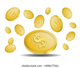 Gold coins falling down. Isolated on white background. Vector Illustration.