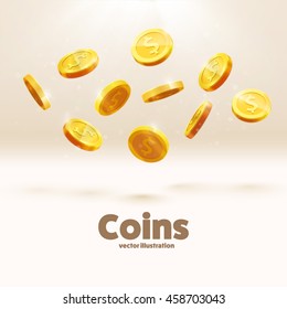 gold coins falling down isolated on white in different positions