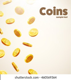 gold coins falling down isolated on white in different positions with place for text