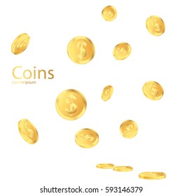 Gold coins falling down isolated on white in different positions. Vector illustration