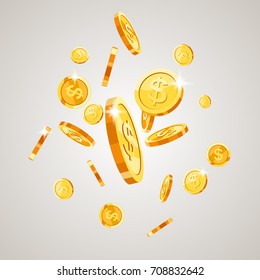 Gold coins falling down. Isolated on white background. Vector illustration