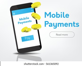 Gold coins falling down and mobile payment banner, poster. Read more place. Vector illustration.