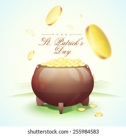 Gold coins falling in glossy pot for Happy St. Patrick's Day celebration.