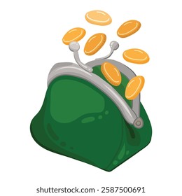 Gold coins falling into green purse. Financial and investment symbol of money, payment sign, gambling or banking. Vector illustration isolated on white background. Irish gift for St. Patrick's Day.