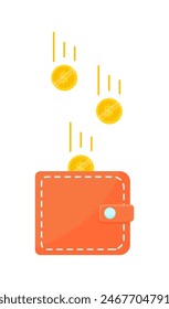 Gold coins falling into orange purse flat vector illustration isolated on white background