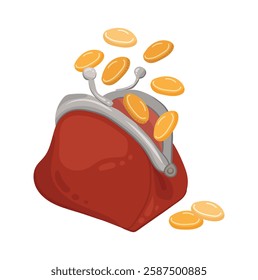 Gold coins falling into red purse. Financial and investment symbol of money, game asset, payment sign, gambling or banking. Vector illustration isolated on transparent background.