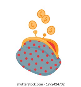 Gold coins falling into retro wallet. Dollars falling into an open purse. Money saving, growth, income, investment concept. Symbol of wealth. Business success. Flat cartoon style vector illustration.