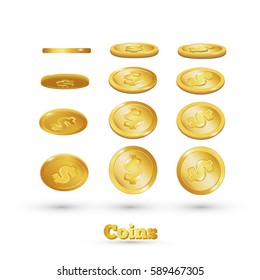 Gold coins falling, isolated on white in different positions. eps 10