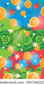 Gold coins falling on colorful landscape with red, green, and blue sections, and vibrant flowers. Wealth concept and nature prosperity vector illustration.
