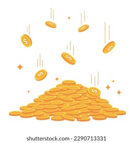 Monedas de oro cayendo sobre montones. Acumulación de dinero en efectivo.Concepto de finanzas en forma plana