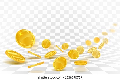 Gold coins falling strew on a white background.