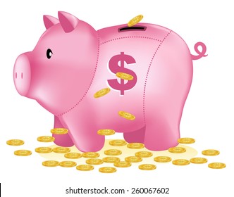 Gold coins falling from top into a cute pink piggy bank. illustration isolated on white background