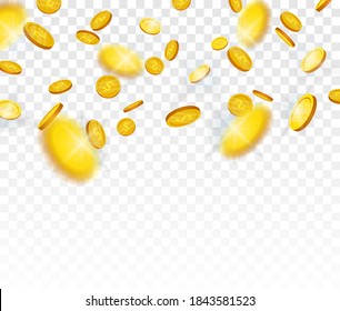 Gold coins falling from the top isolated on transparent background, vector illustration