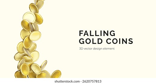 Gold Coins Falling in Vertical Stream on Light Background, Ideal for Finance, Crypto, Bonus, or Game Interface Designs. High-Quality 3D Rendered Vector Illustration