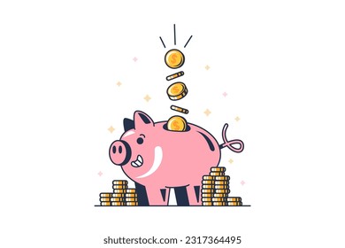 Gold coins fill piggy bank. Monthly savings of salary money for expensive purchase. Planning and analysis of budget of financial operations. Cartoon outline vector concept isolated on white back