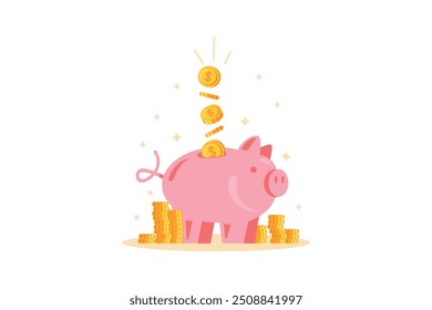 Moedas de ouro enchem o piggy bank. Economia mensal de dinheiro de salário para compra cara. Planeamento e análise do orçamento das operações financeiras. Conceito de vetor de contorno de desenho animado isolado na parte traseira branca