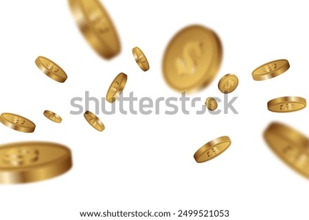 gold coins floating forward on a white background. scattering money