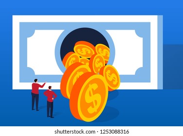 Gold coins flow out of huge banknotes