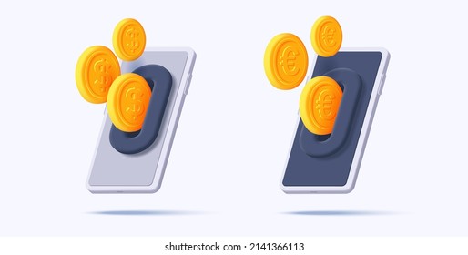 Gold coins flow out of the slot on the smartphone screen. Euro and dollar money 3d illustration