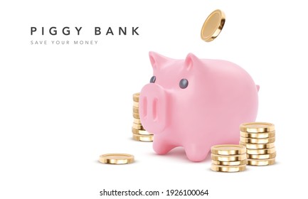 Gold coins fly around the piggy bank isolated on white background. Symbol of profit and growth. Realistic vector object for advertising sale. Stability and security of money storage. Vector illustrati