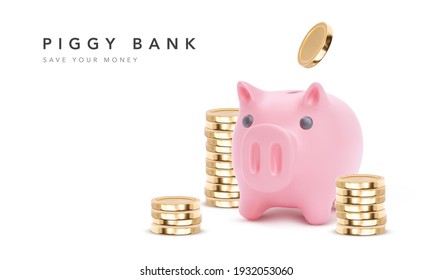 Gold coins fly around the piggy bank isolated on white background. Symbol of profit and growth. Stability and security of money storage. Vector illustration