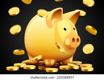 Gold coins fly around the piggy bank. Symbol of profit and growth. Investment and savings. Vector illustration