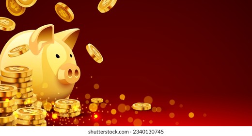 Gold coins fly around the piggy bank. Symbol of profit and growth. Investment and savings. Vector illustration