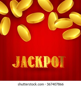 Gold coins flying down on a red background. Jackpot sign.