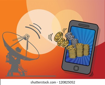 Gold coins flying in to mobile phone, vector illustration
