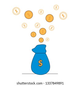 Gold Coins Flying Out of Blue Bag with Dollar Icon Isolated on White Background. Payment Concept, Earning Money, Cash Transfer, Finance Success. Money Box. Linear Flat Vector Illustration, Clip Art.