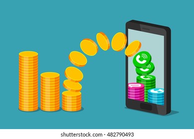 Gold coins are flying from stack of coins to phone, turning into calls, messages and internet. Payment of communication services and increase of cost of services