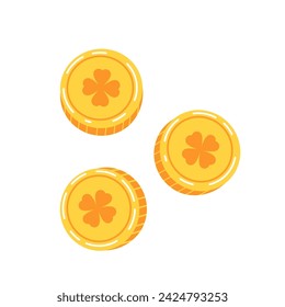 gold coins with four leaf clover. coins with clover flat. St.Patrick 's Day. leprechaun gold