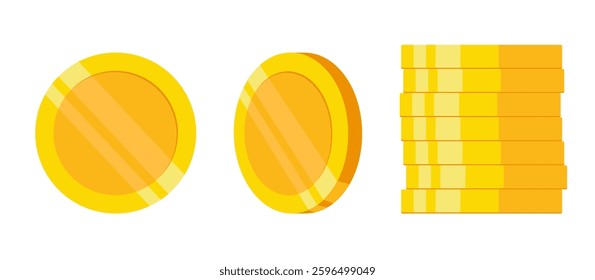 Gold coins - front view, half-turned and stacked. Flat vector illustration isolated on white background