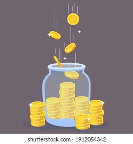 Gold coins in glass jar. Transparent bottle with stacks and flying golden coins, banking deposit or credit, save money, investment and profit financial concept, vector flat cartoon illustration