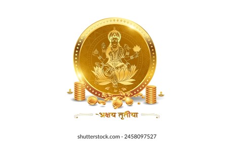 Gold coins with goddess lakshmi for Indian Hindi Text "Akshaya Tritiya" or Dhanteras festival celebration.