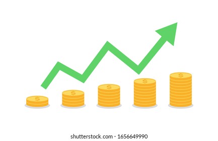 Gold coins graph arrow. Investment concept. Stock market bull run. Going up idea. Gold coins. Investing profit. Wealth and money - Simple flat vector illustration.