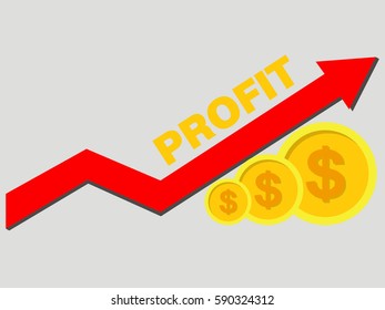 Gold coins and graph arrow up. Concept income and profits. Vector illustration.