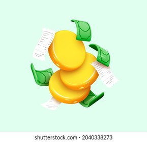 Gold coins with green paper dollars, Cashier's checks. Realistic 3d design in cartoon style. Business financial investment. Creative concept. Trade cash back. Save savings. Vector illustration - Shutterstock ID 2040338273